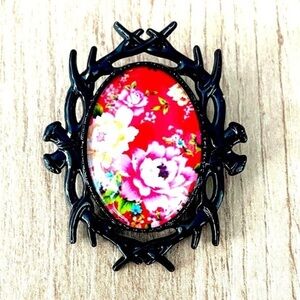 Red Floral Print Deer Antler Brooch, NWT